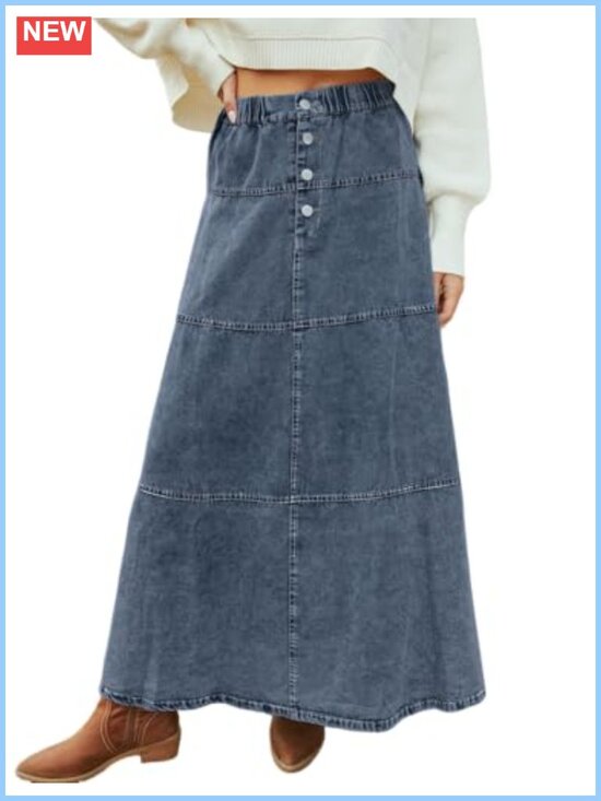 Dresses & Skirts - Women's High Waist Denim Maxi Skirt A-Line Tiered Patchwork Western
